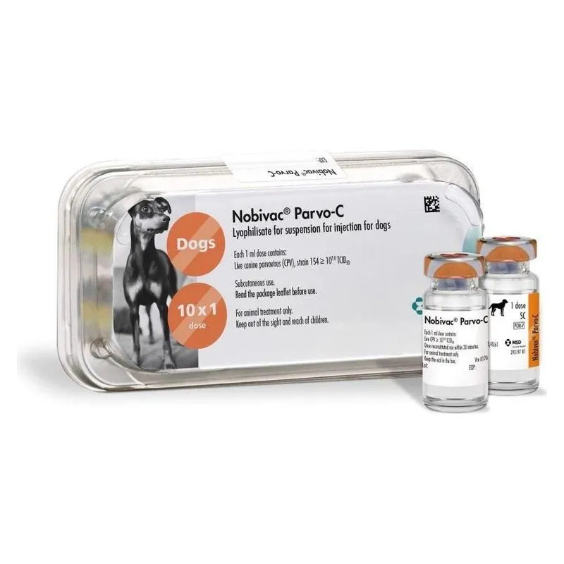Cutia și flacoanele de Nobivac Parvo-C, vaccin pentru câini cu 10 doze individuale