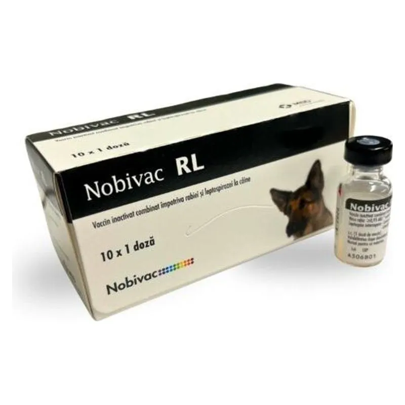Cutia și flaconul de Nobivac RL, vaccin împotriva rabiei și leptospirozei la câini