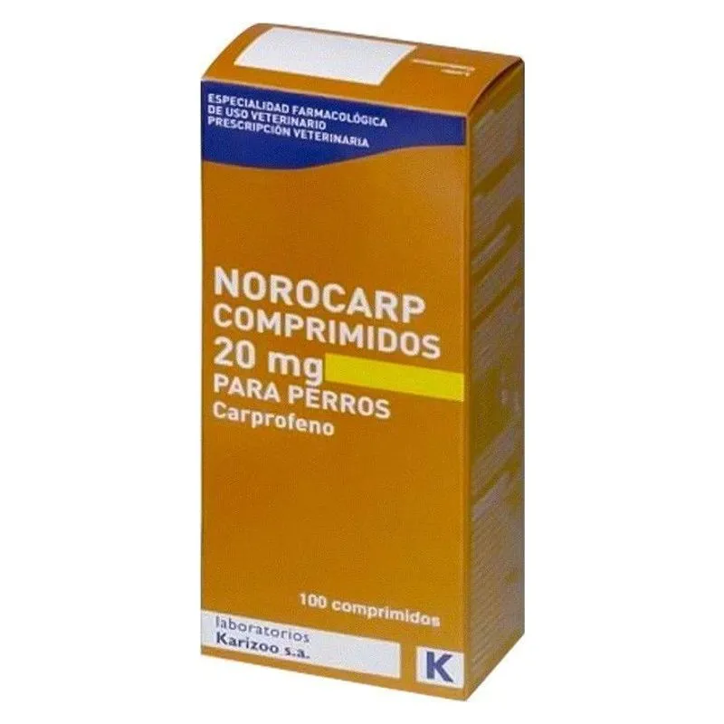 Cutia de Norocarp 20 mg cu 100 de comprimate pentru câini, ambalaj în limba spaniolă