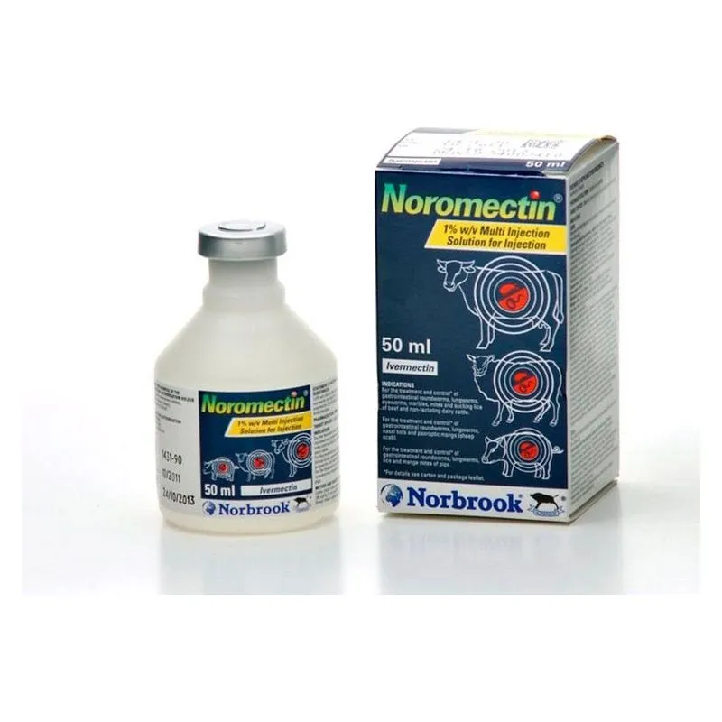 Flaconul și cutia de Noromectin 1% 50 ml, soluție injectabilă cu ivermectină de la Norbrook