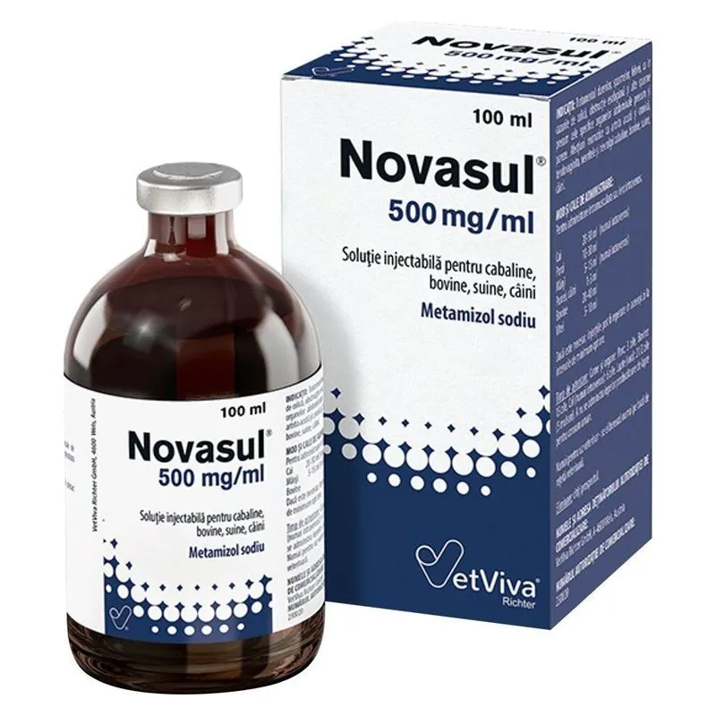 Flaconul și cutia de Novasul 500 mg/ml, soluție injectabilă cu metamizol de 100 ml