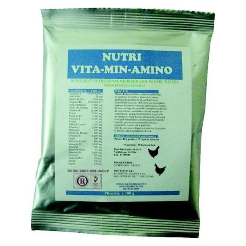 Plicul de 100 g de Nutri Vita-Min-Amino, pulbere hidrosolubilă cu vitamine, minerale și aminoacizi pentru păsări