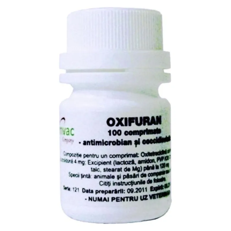 Flaconul de Oxifuran de 100 de comprimate, produs de Romvac