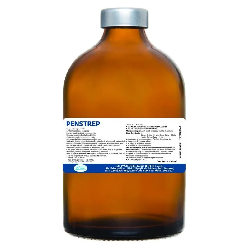 Flaconul de sticlă brună de Penstrep 100 ml, suspensie injectabilă cu penicilină și dihidrostreptomicină