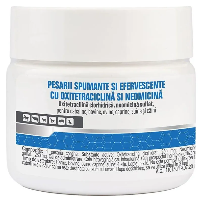 Borcanul de pesarii spumante și efervescente cu oxitetraciclină și neomicină, produse de Pasteur