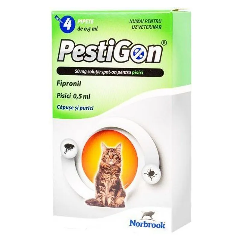 Cutia de Pestigon Cat, soluție spot-on cu fipronil pentru pisici, 4 pipete