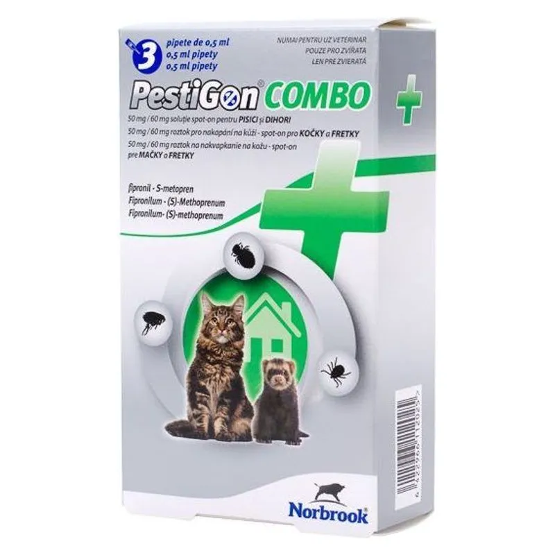 Cutia de Pestigon Combo Cat, soluție spot-on cu fipronil și metopren pentru pisici și dihori, 3 pipete