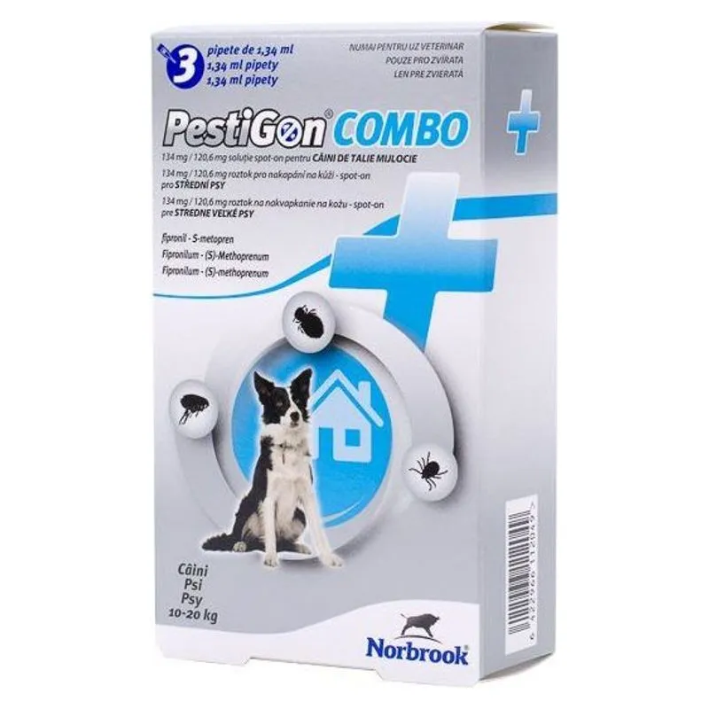 Cutia de Pestigon Combo Dog M 134 mg pentru câini de 10-20 kg, soluție spot-on, 3 pipete