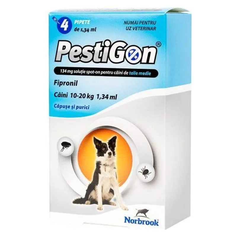 Cutia de Pestigon Dog 134 mg, soluție spot-on cu fipronil pentru câini de talie medie, 4 pipete