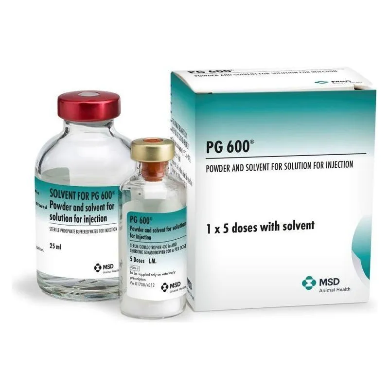 Cutia PG 600 cu flaconul de pulbere de 5 doze și flaconul de solvent, medicament hormonal pentru scroafe