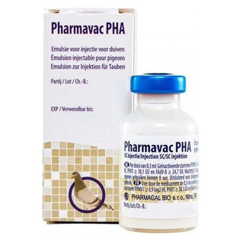 Cutia și flaconul de Pharmavac PHA, vaccin pentru porumbei