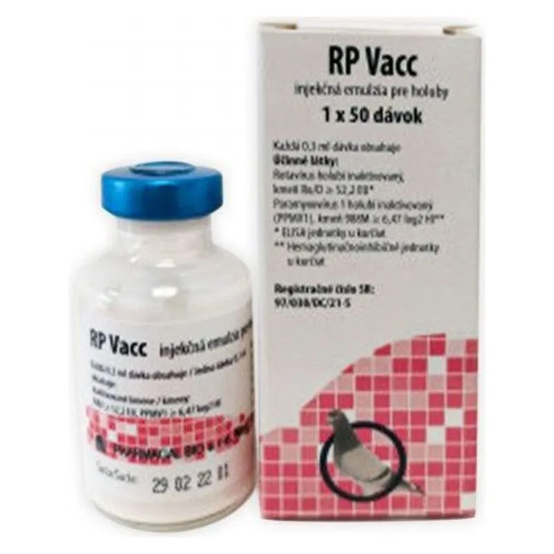 Cutia și flaconul de RP Vacc, vaccin pentru porumbei, 50 de doze