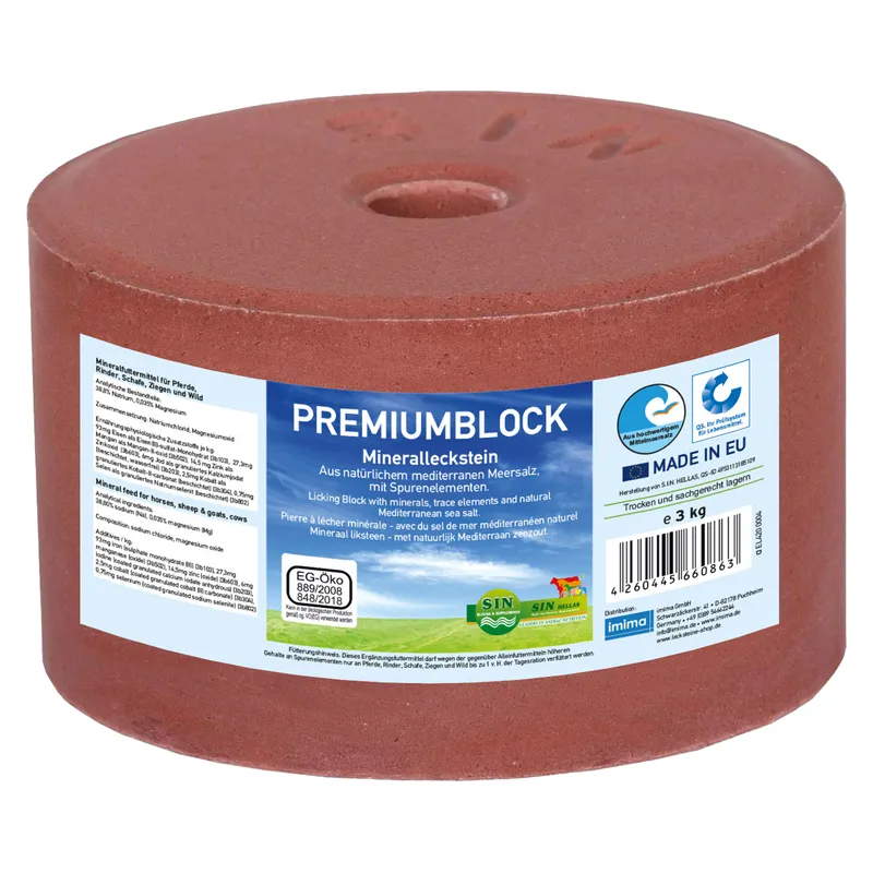 Blocul mineral roșiatic Premiumblock cu etichetă albastră, din gama de lins pentru cai și rumegătoare