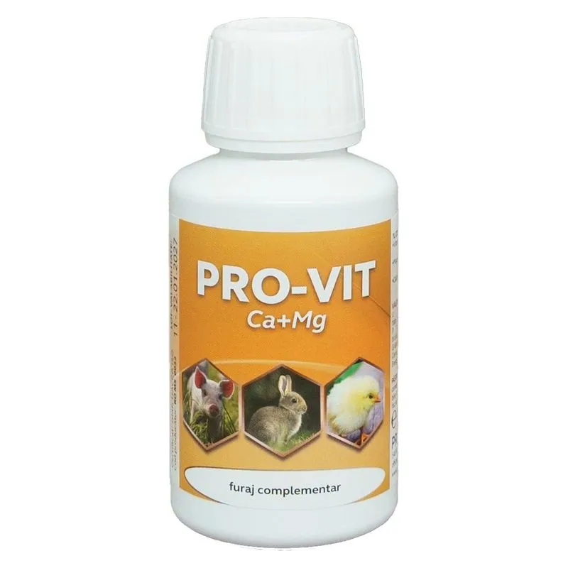 Flaconul alb de Pro-Vit Ca+Mg cu etichetă portocalie, soluție orală cu calciu și magneziu, 100 ml