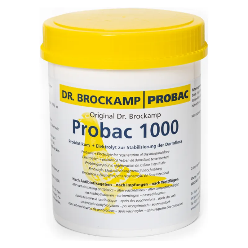 Recipientul alb de 500 g de Probac 1000 Dr. Brockamp, cu capac și etichetă galbene, pentru porumbei