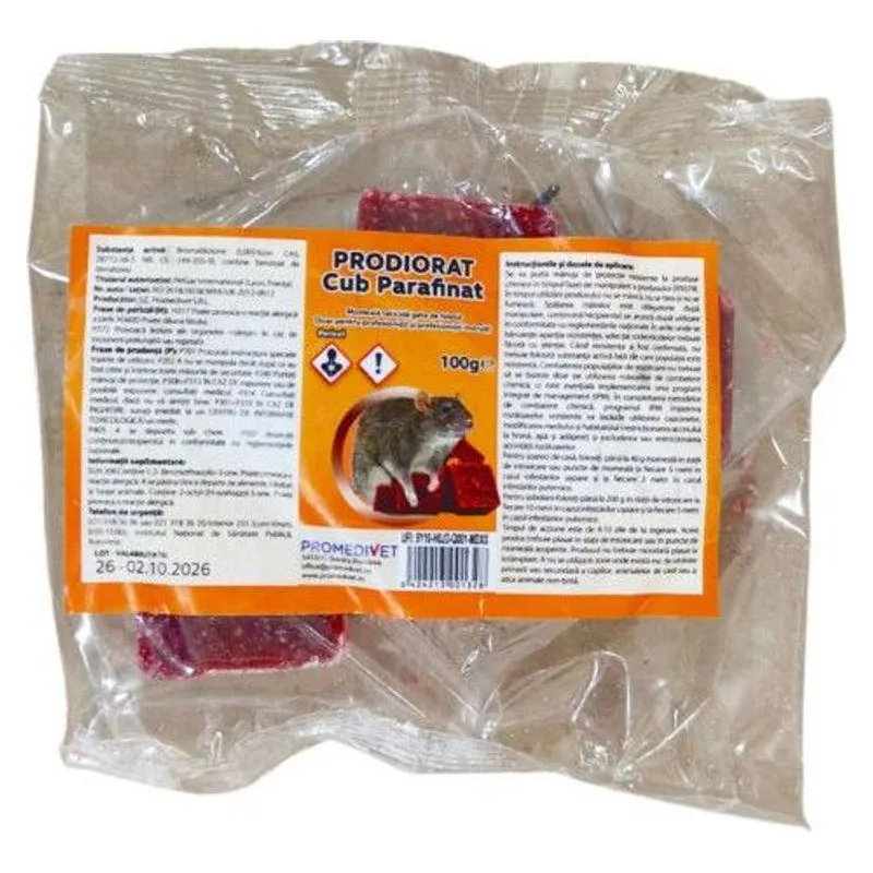 Punga de 100 g de Prodiorat cub parafinat, momeală raticidă cu bromadiolonă