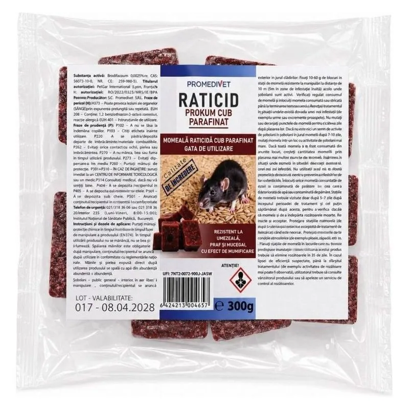 Punga de 300 g de Prokum cub parafinat, blocuri cerate de momeală raticidă