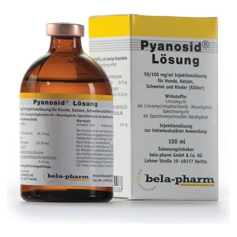 Flaconul și cutia de Pyanosid, soluție injectabilă cu lincomicină și spectinomicină de 100 ml