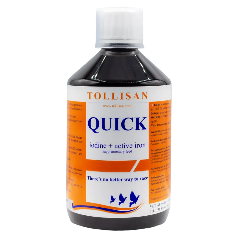 Flaconul de 500 ml de Quick Iodine Tollisan, supliment cu iod și fier pentru porumbei