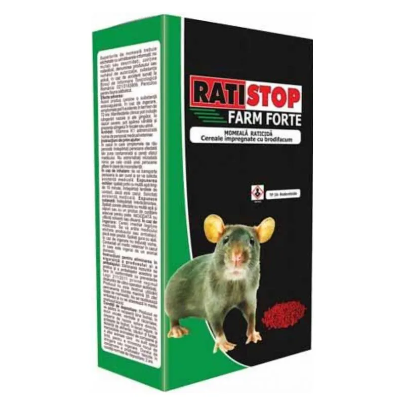 Cutia de Ratistop Farm Forte 120 g, momeală raticidă cu cereale impregnate cu brodifacum