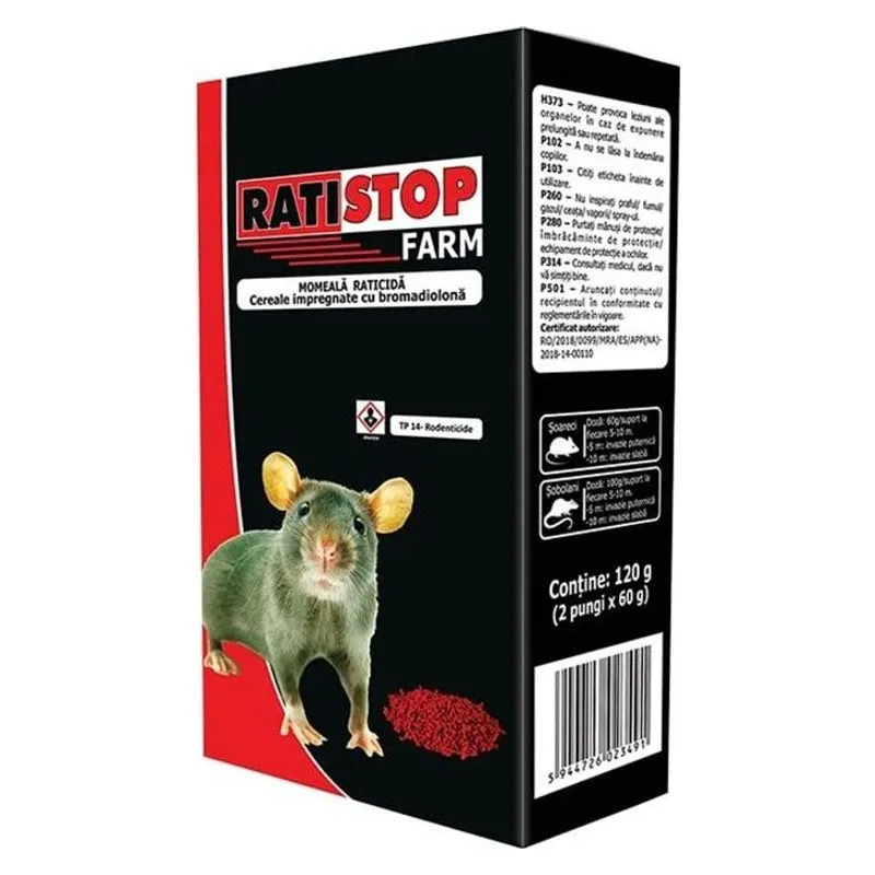 Cutia de Ratistop Farm 120 g, momeală raticidă cu cereale impregnate cu bromadiolonă