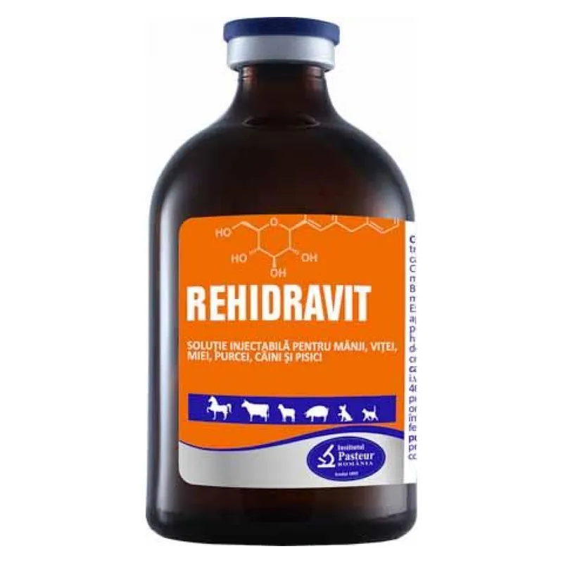 Flaconul de sticlă brună cu etichetă portocalie de Rehidravit, soluție injectabilă Pasteur
