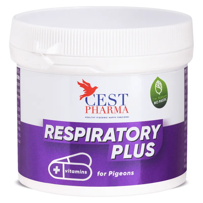 Recipientul alb cu etichetă violet de Respiratory Plus Cest Pharma pentru porumbei