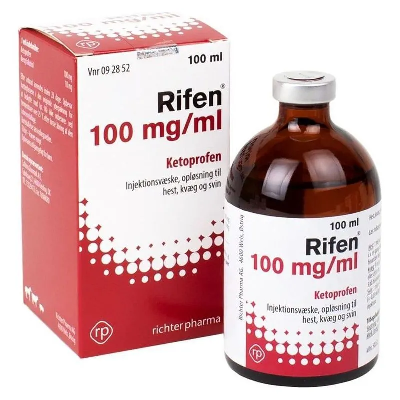 Cutia și flaconul de Rifen 100 mg/ml, soluție injectabilă cu ketoprofen, 100 ml