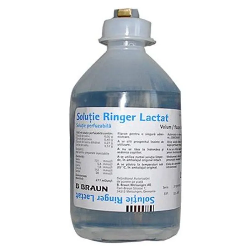 Flaconul transparent de Soluție Ringer Lactat B. Braun, 500 ml, cu eticheta albastră