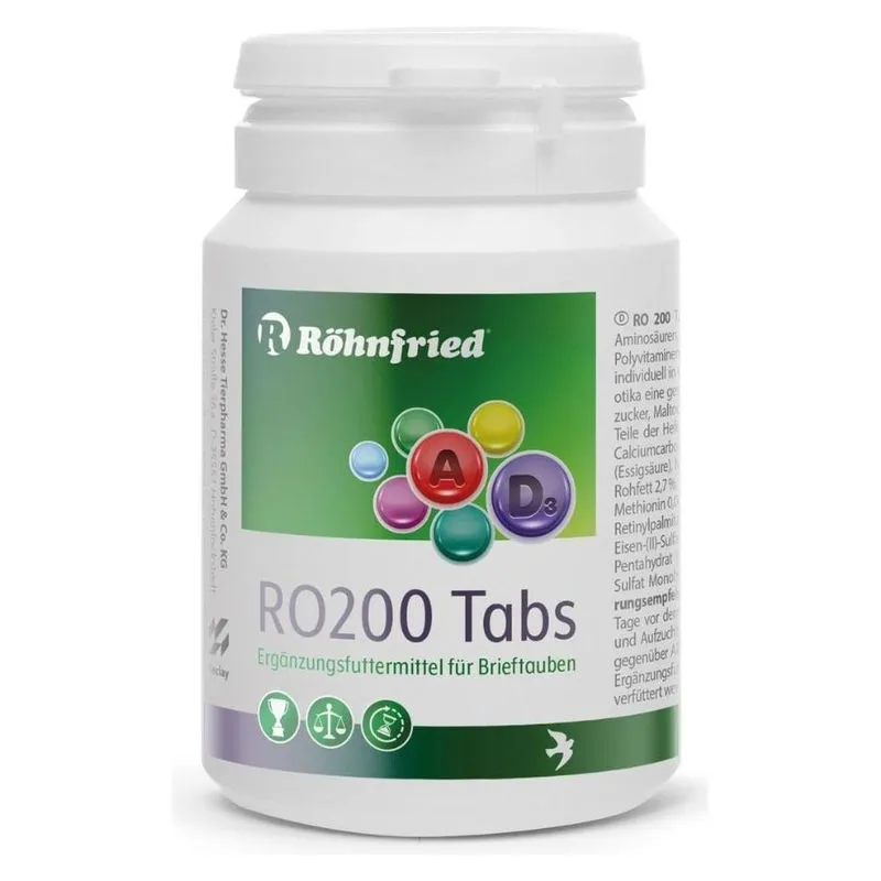 Flaconul alb de RO 200 Tabs al firmei Röhnfried pentru porumbei, cu etichetă verde
