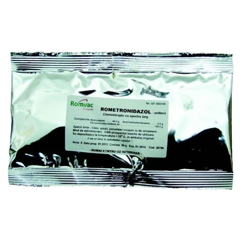 Plicul argintiu de 50 g de Rometronidazol Romvac, premix cu metronidazol