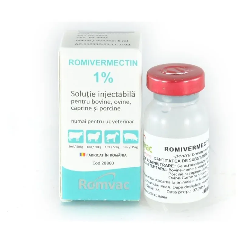 Cutia și flaconul de Romivermectin 1% 5 ml, soluție injectabilă cu ivermectină de la Romvac