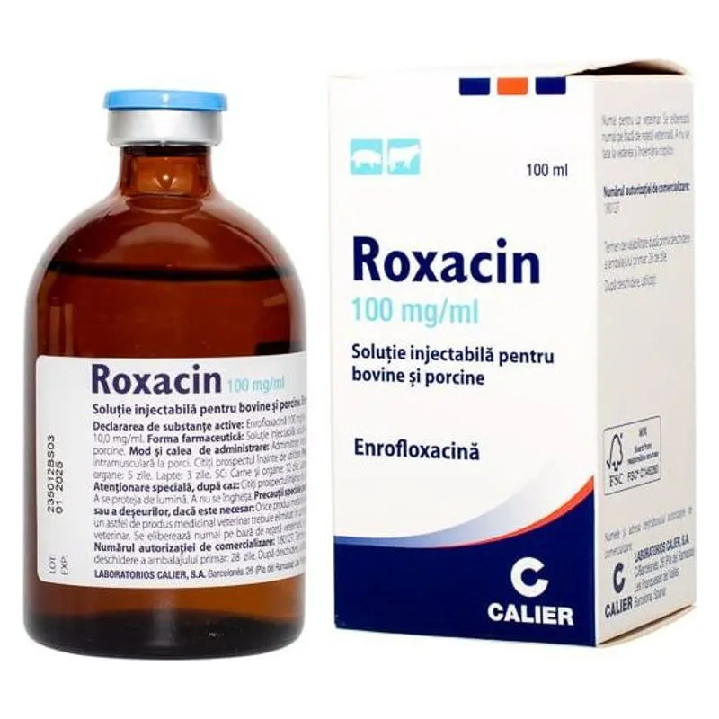 Flaconul și cutia de Roxacin 100 mg/ml, soluție injectabilă cu enrofloxacină, 100 ml