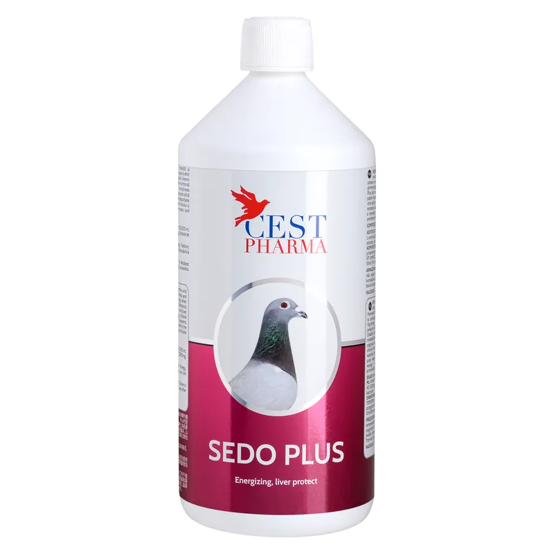 Flaconul de 1 litru de Sedo Plus Cest Pharma, supliment lichid pentru porumbei