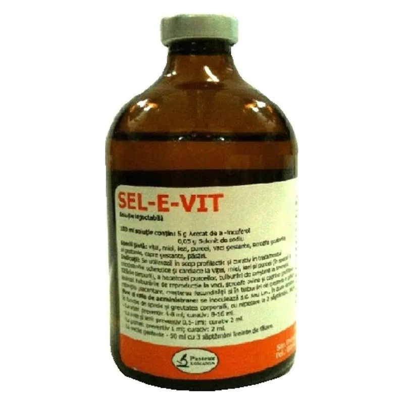 Flaconul de sticlă brună cu etichetă albă și portocalie de Sel-E-Vit, soluție injectabilă Pasteur, 100 ml