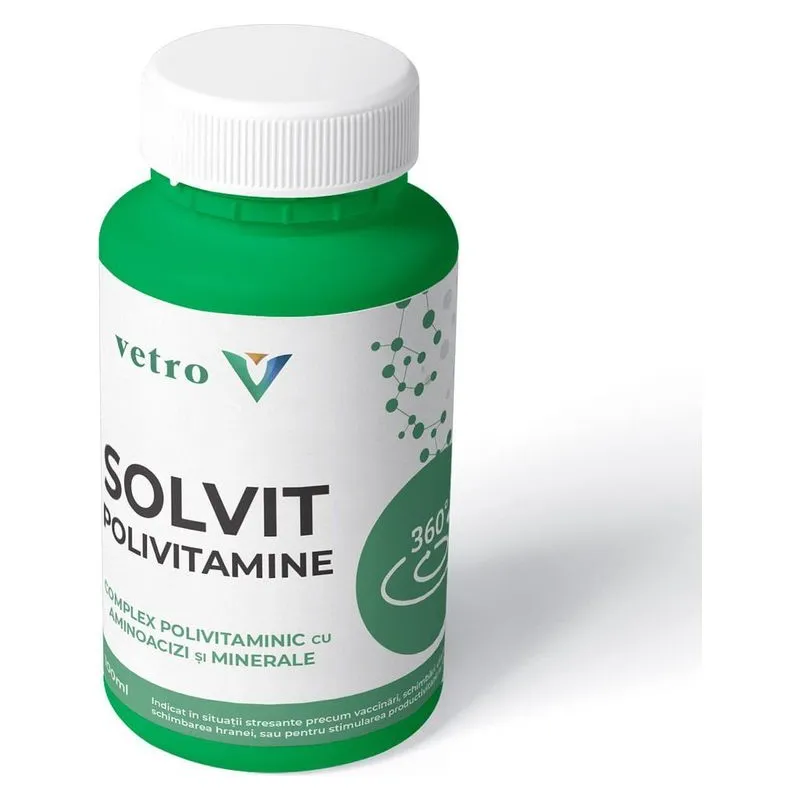Flaconul alb cu capac verde de Solvit Polivitamine, supliment buvabil de 100 ml