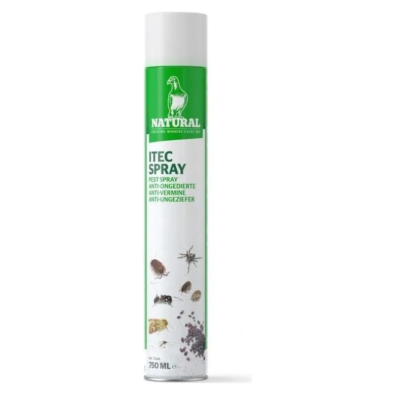 Flaconul aerosol de 750 ml de Itec Spray din gama Natural, cu etichetă verde și un porumbel
