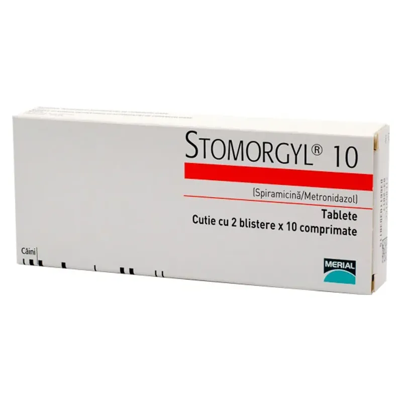 Cutia de Stomorgyl 10, comprimate cu spiramicină și metronidazol pentru câini