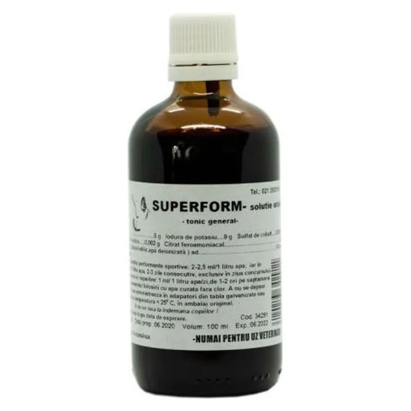 Flaconul de 100 ml de Superform Romvac, soluție orală pentru porumbei