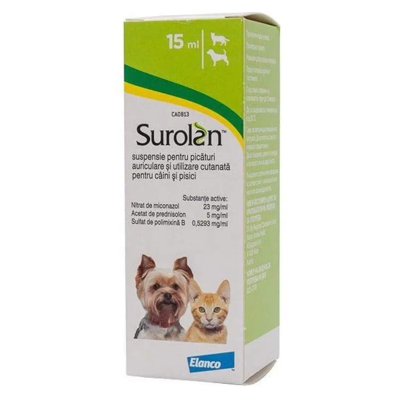 Cutia de Surolan de 15 ml, suspensie pentru picături auriculare pentru câini și pisici