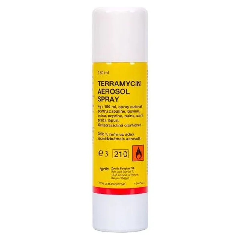 Recipientul galben de Terramycin Aerosol Spray Zoetis, 150 ml, cu eticheta în limba română