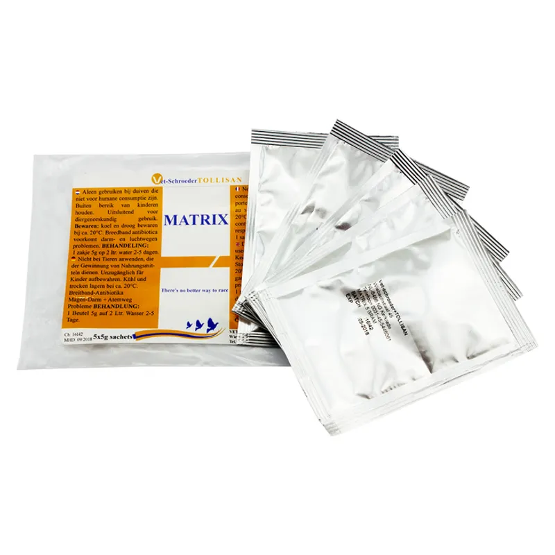 Ambalajul de 25 g de TL Matrix, cu mai multe plicuri argintii pentru porumbei