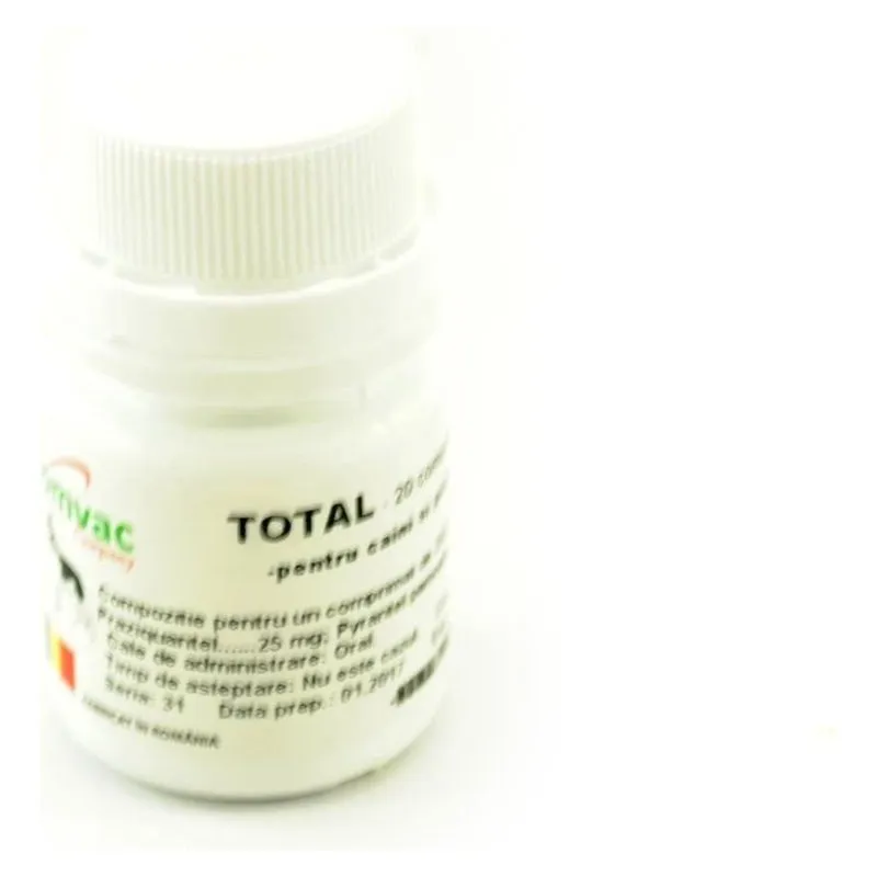 Flaconul de Total, comprimate cu praziquantel și pirantel pentru câini și pisici, 20 de comprimate