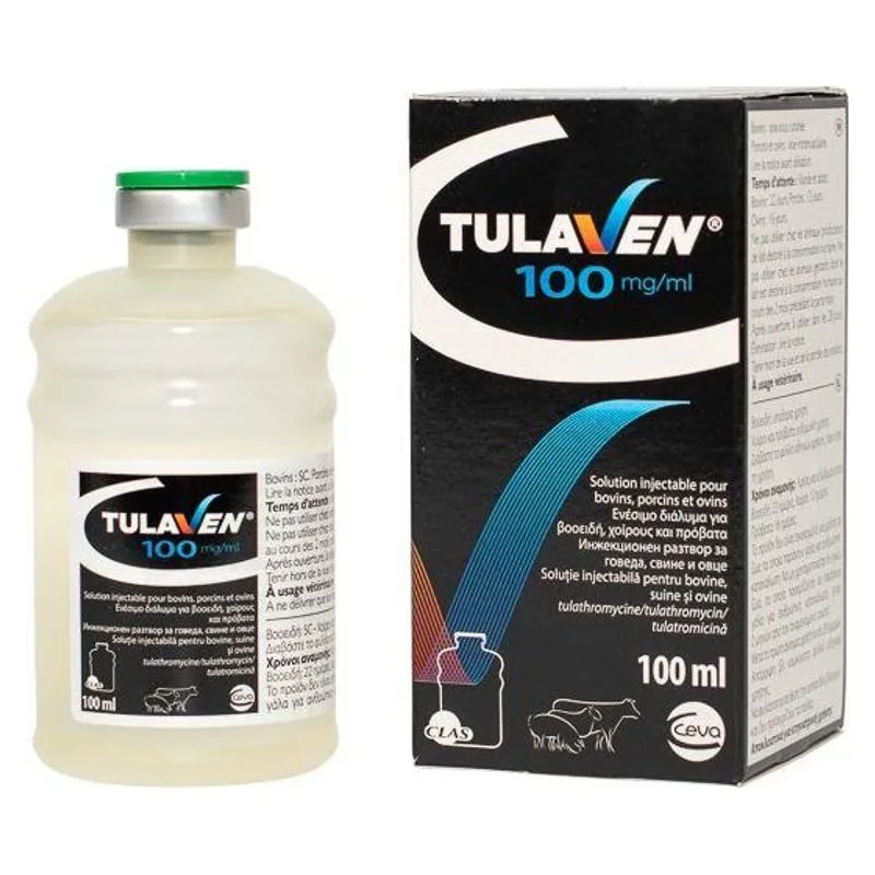 Flaconul și cutia de Tulaven 100 mg/ml, soluție injectabilă cu tulatromicină pentru bovine, porcine și ovine