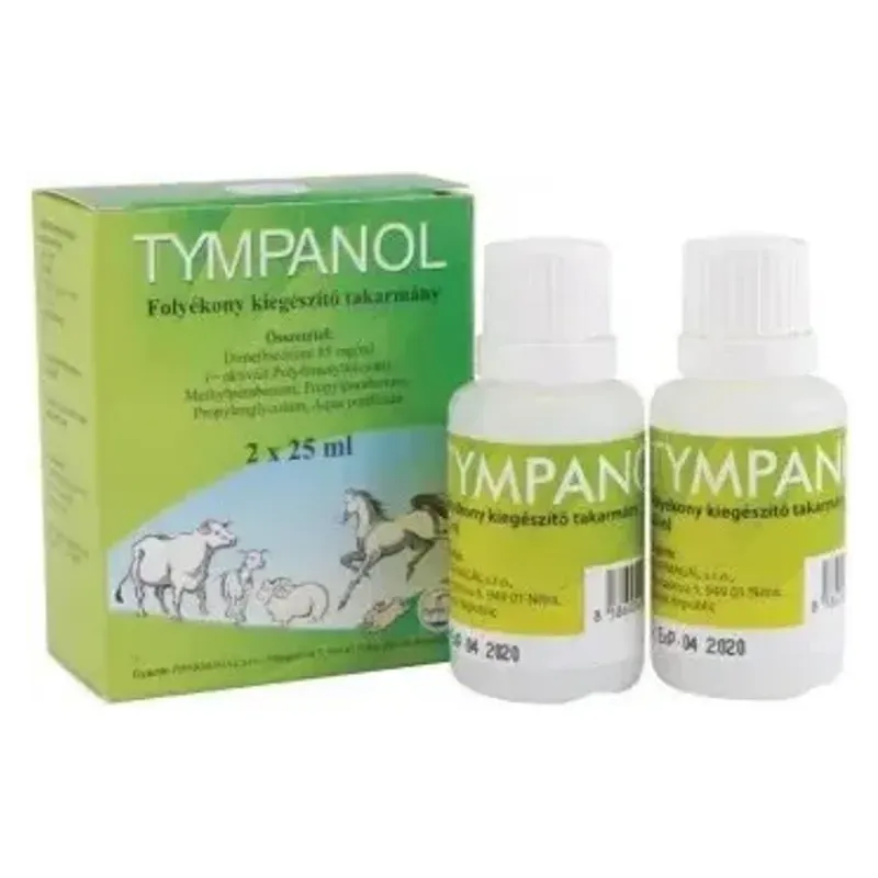 Cutia verde Tympanol și cele două flacoane albe de 25 ml, emulsie orală pentru rumegătoare, cai și iepuri