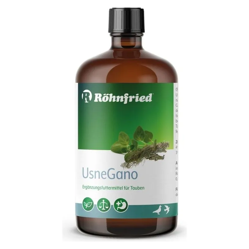 Flaconul de 250 ml de Usnegano Röhnfried, supliment cu Usnea și oregano pentru porumbei