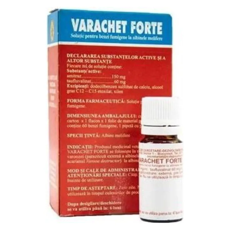 Cutia și flaconul de Varachet Forte, soluție pentru benzi fumigene în stup de albine
