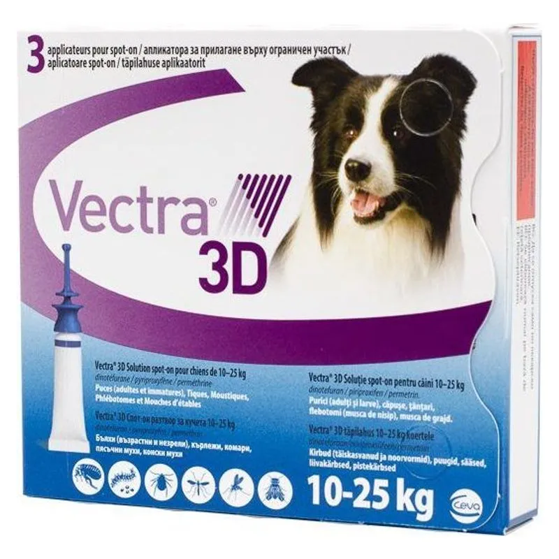 Cutia de Vectra 3D pentru câini de 10-25 kg, soluție spot-on cu 3 pipete