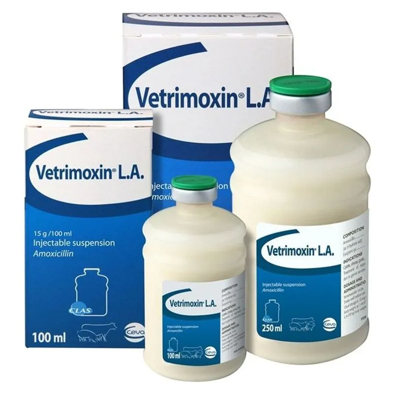 Cutiile și flacoanele de Vetrimoxin L.A. Ceva, suspensie injectabilă cu amoxicilină, 100 ml și 250 ml