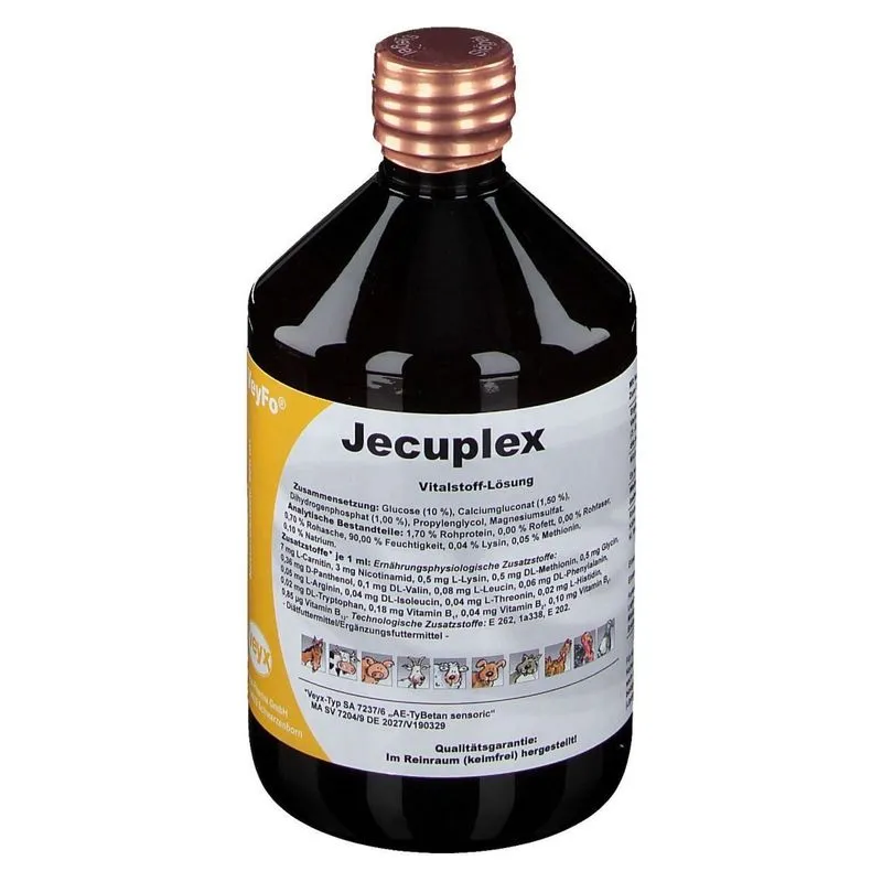 Flaconul brun de 500 ml de Jecuplex, supliment lichid cu L-carnitină și vitamine B de la Veyx Pharma